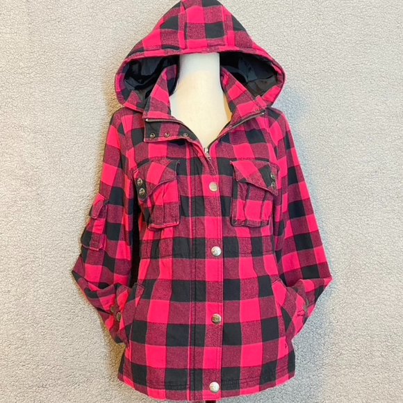 O'Neill Jackets & Blazers - O’NEILL Jacket Pink Plaid Buffalo Removable Hood Full Zip Pockets - Size Medium